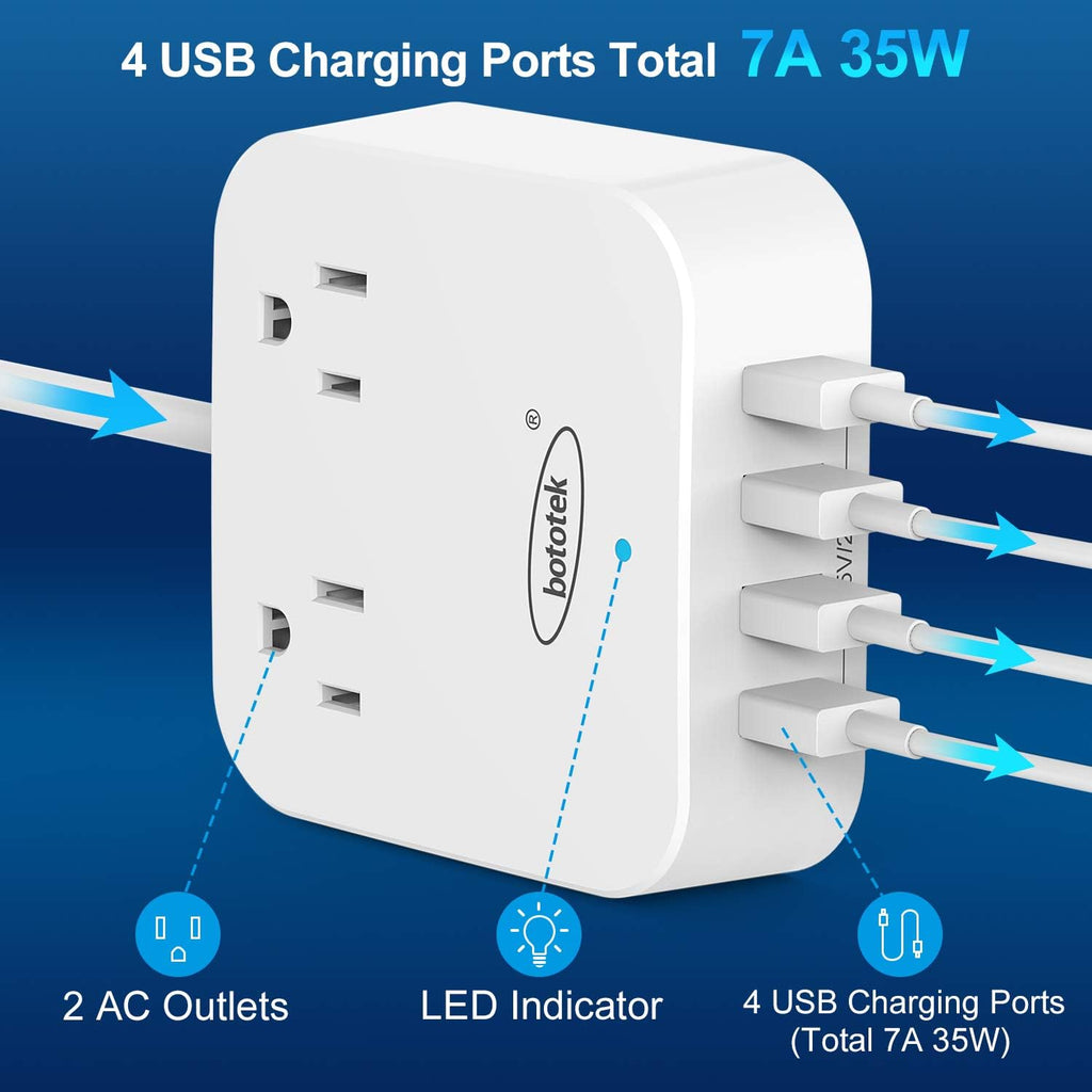 Power Strip,  Travel Power Strip Extension Cord with 2 Widely Outlets 4 USB Ports, Flat Plug, 4Ft Desk USB Charging Station for Dorm Room Home and Cruise Ship Essentials Travel