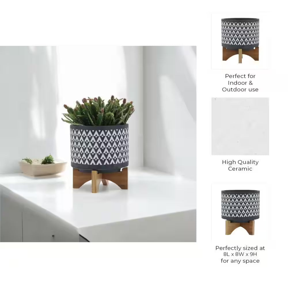 8 In. X 9 In. Gray/White Ceramic Aztec Planter on Wooden Stand