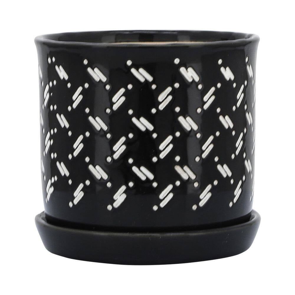 6 In. and 8 In. Black Ceramic Dots Saucer Decorative Pots (Set of 2)