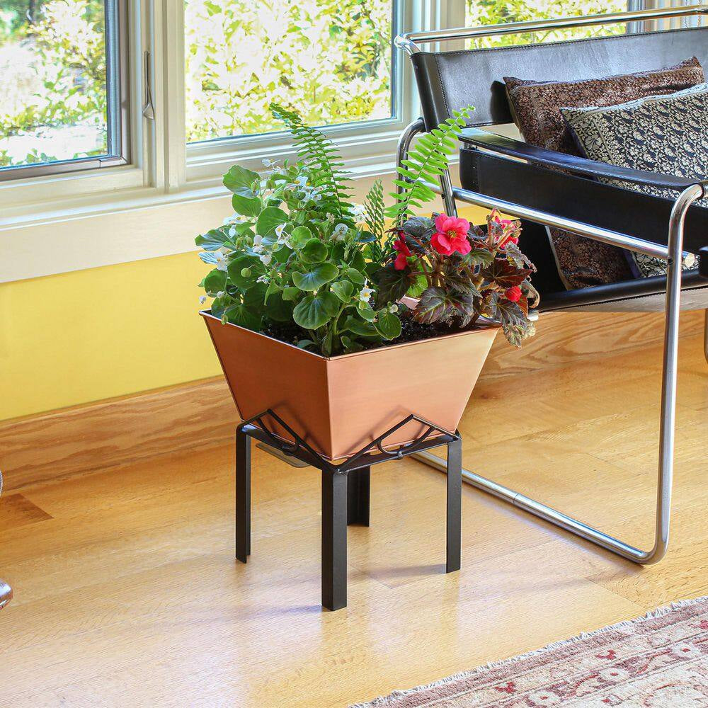 14.3 In. H Square Copper Plated Galvanized Steel Flower Box with Black Wrought Iron Plant Stand Planter
