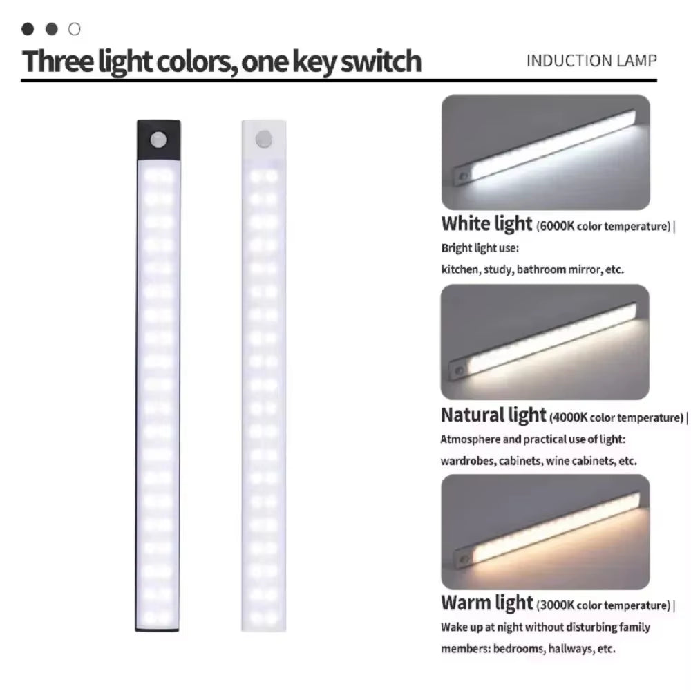 10/20/30/40/50Cm 3 in 1 under Cabinet Lights LED Motion Sensor Light for Cupboard Bedroom Wardrobe Closet Indoor Night Light
