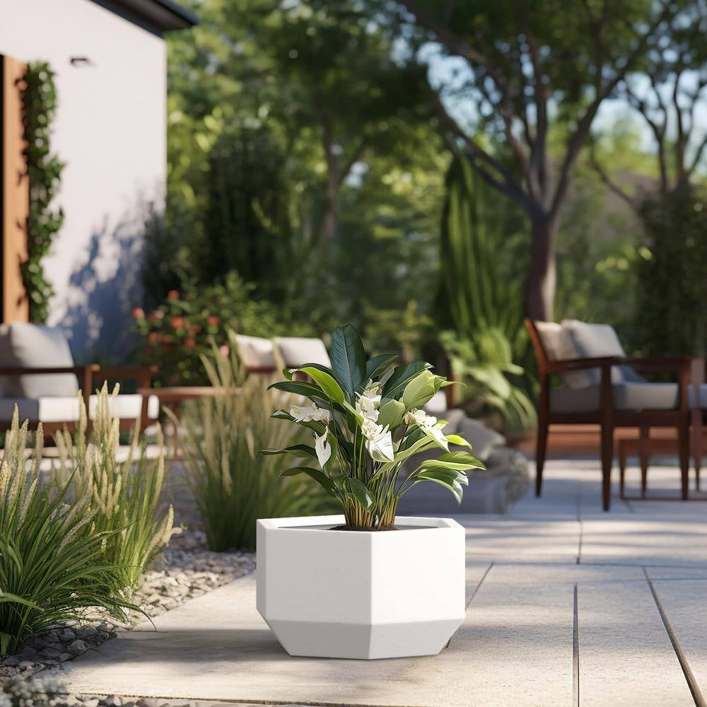 Lightweight 11 In. H Large Crisp White Geometric Concrete Plant Pot/Planter for Indoor and Outdoor