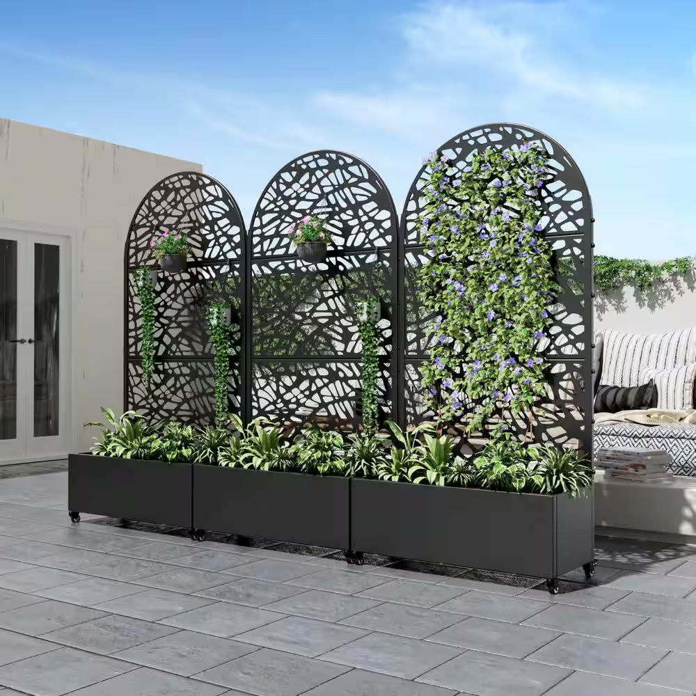 73 In. H X 35 In. W Black Metal Arch Wall Planter Box with Trellis for Climbing Plants