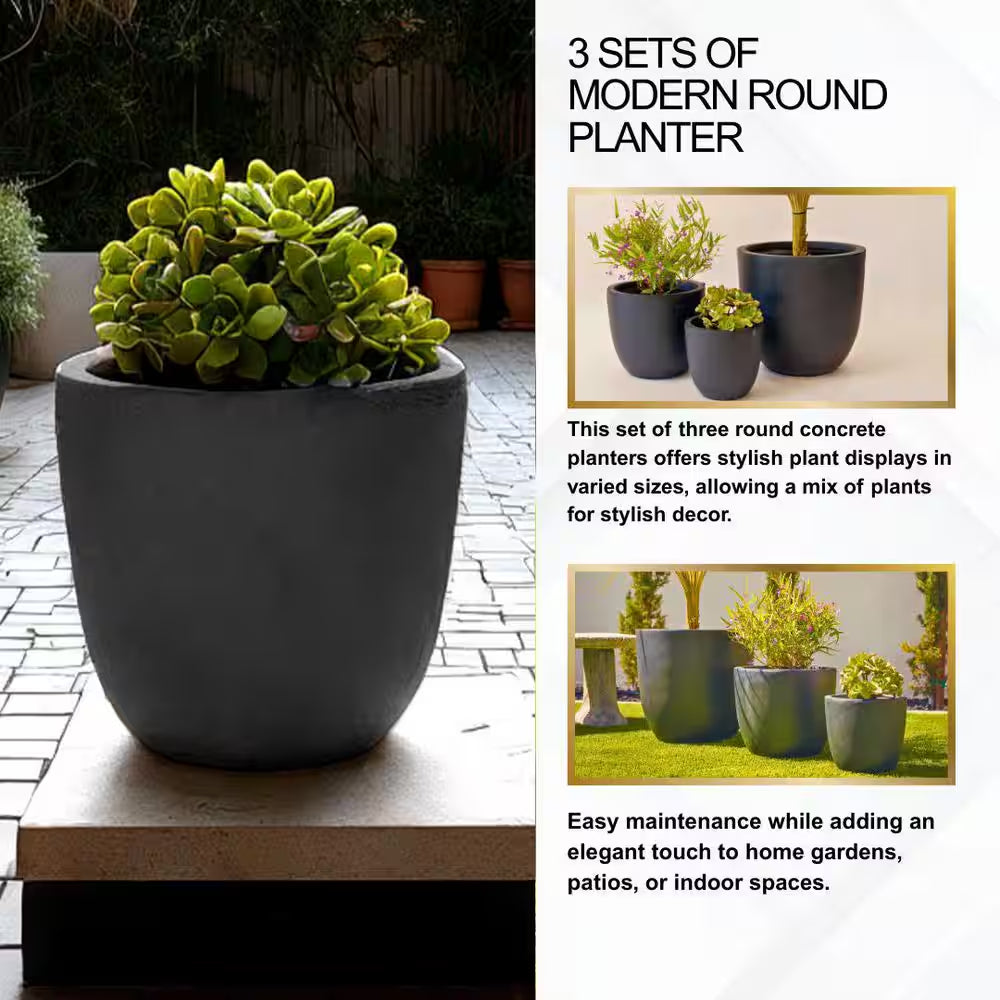 18 In. 14 In. and 10 In. W Weathered Concrete round Planters (Set of 3), Lightweight, Seamless with Drainage Hole