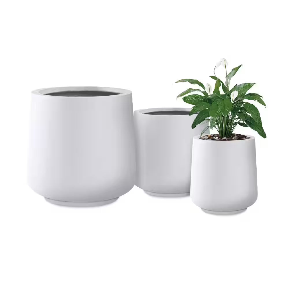 17.3", 13.4", and 10.6"H round Pure White Concrete Planter (Set of 3), Outdoor Indoor Planter Pots with Drainage Holes