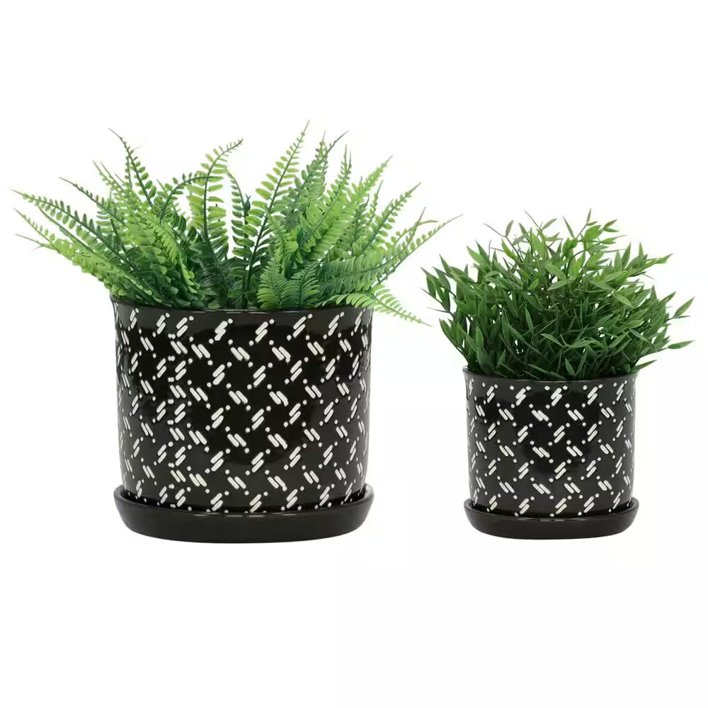 6 In. and 8 In. Black Ceramic Dots Saucer Decorative Pots (Set of 2)