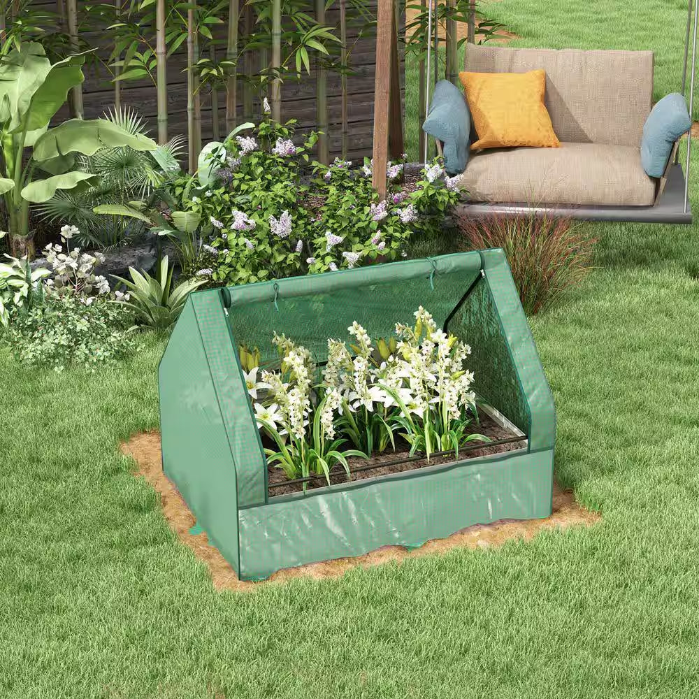 Metal Raised Steel Garden Bed with Mini Greenhouse, with Cover, for Herbs and Vegetables in Green
