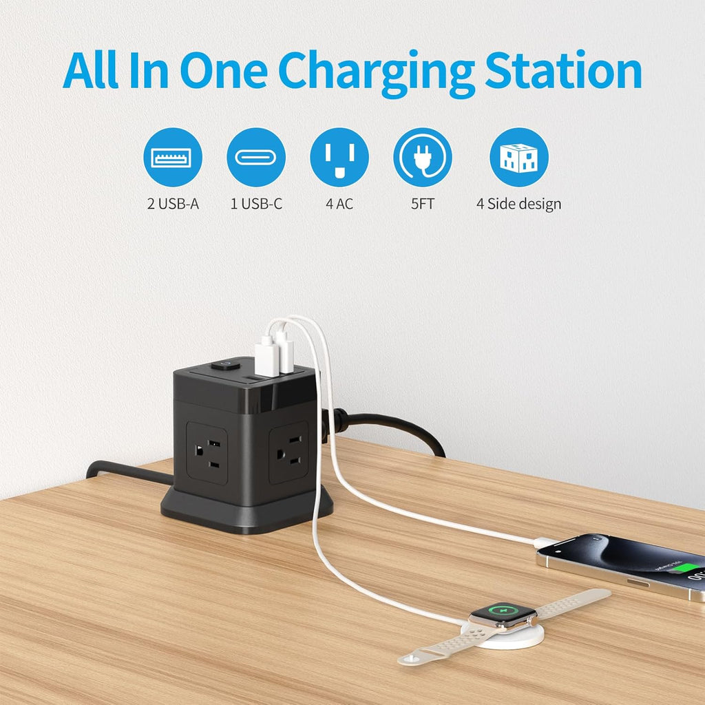 Power Strip with USB,  Flat Plug Extension Cord with 4 AC and 3 USB, 5 FT Power Cord Desktop Charging Station, Overload Protection, Compact Portable for Travel Home Office Cruise Ship - Black