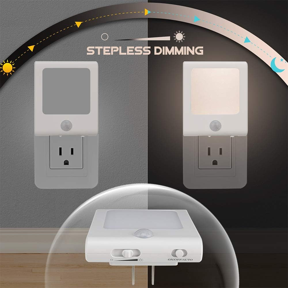 [3Pack]  Motion Sensor Dimmable LED Night Light, Plug-In Nightlight with Auto Dusk to Dawn Sensor, Adjustable Brightness Warm White Lights for Hallway, Kids Room, Kitchen, Stairway, Bathroom