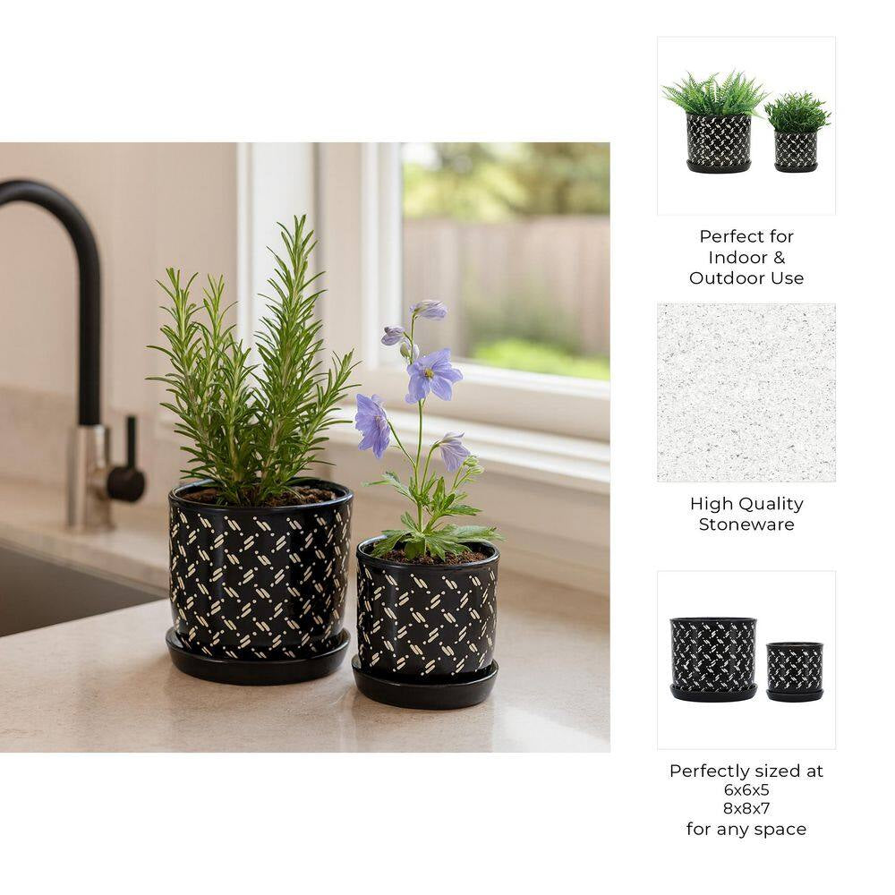 6 In. and 8 In. Black Ceramic Dots Saucer Decorative Pots (Set of 2)