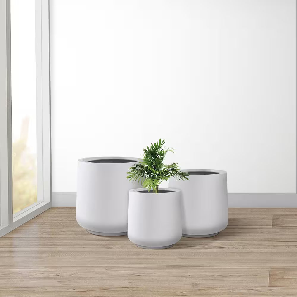 17.3", 13.4", and 10.6"H round Pure White Concrete Planter (Set of 3), Outdoor Indoor Planter Pots with Drainage Holes