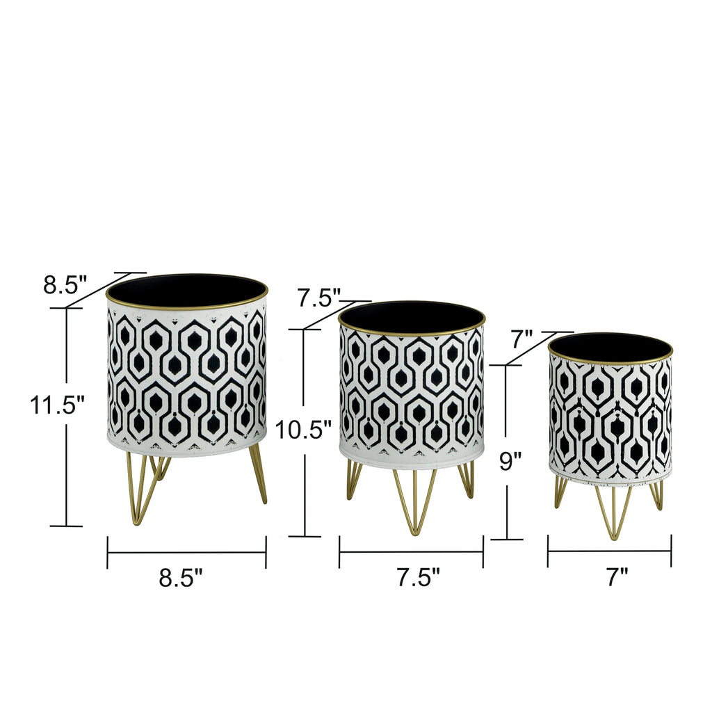 Andrey Black/White Hexagonal Indoor Metal Pot Planters (Set of 3) - 11.5"H X 8.5"W X 8.5"D