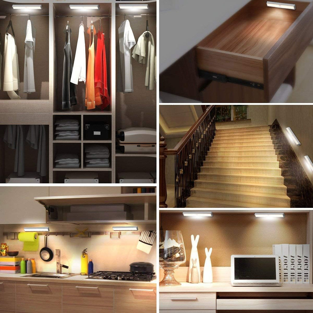 Wireless Motion Sensor Cabinet Lights 10-LED USB Rechargeable Closet Lights LED under Cabinet Lighting for Wardrobe/Drawer/Stairs/Cupboard/Counter/Pantry/Stairs,Stick on Anywhere,2 Pack,White Light