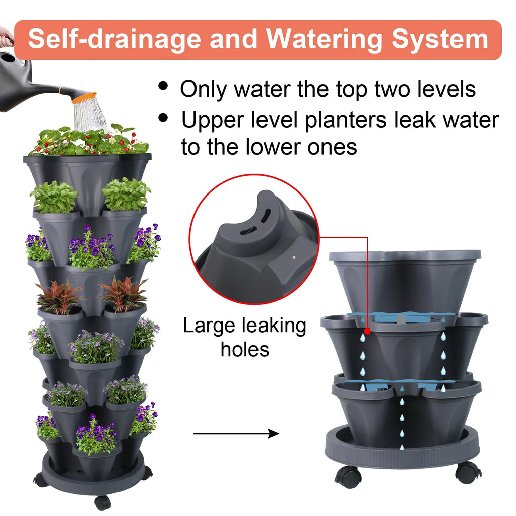 Stackable Planter with Wheels, Indoor Outdoor Pots - 7 Tier Vertical Garden Planter - Dark Gray,2 Set