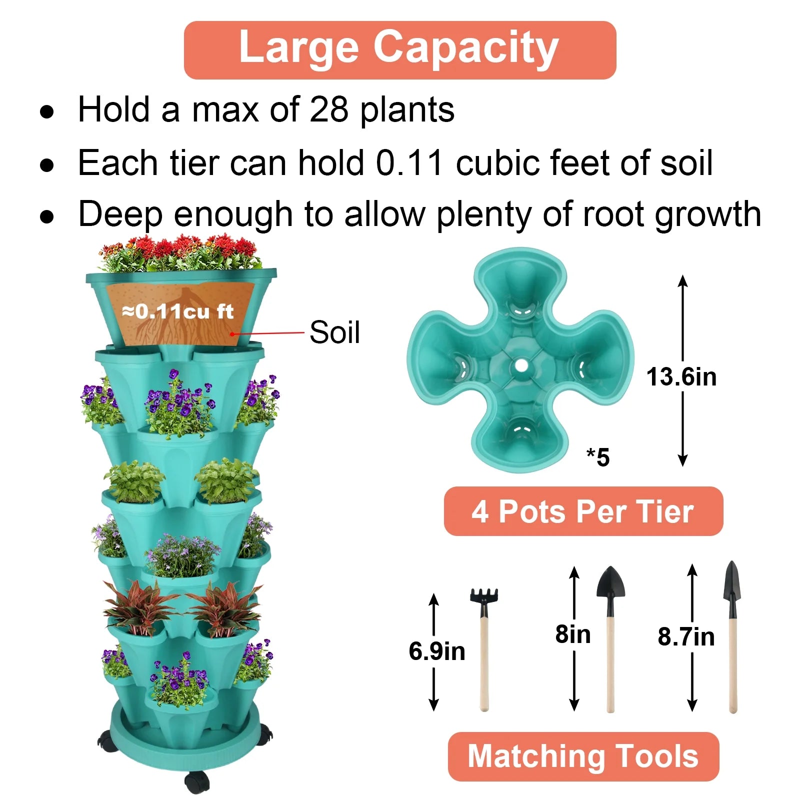 Stackable Planter with Wheels and Tools, Indoor Outdoor Gardening Pots - 7 Tier Vertical Garden Planter - Teal, 2 Set