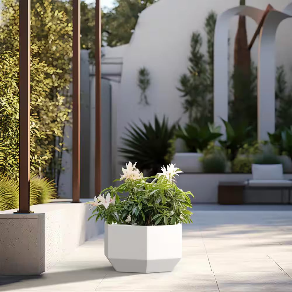 Lightweight 11 In. H Large Crisp White Geometric Concrete Plant Pot/Planter for Indoor and Outdoor