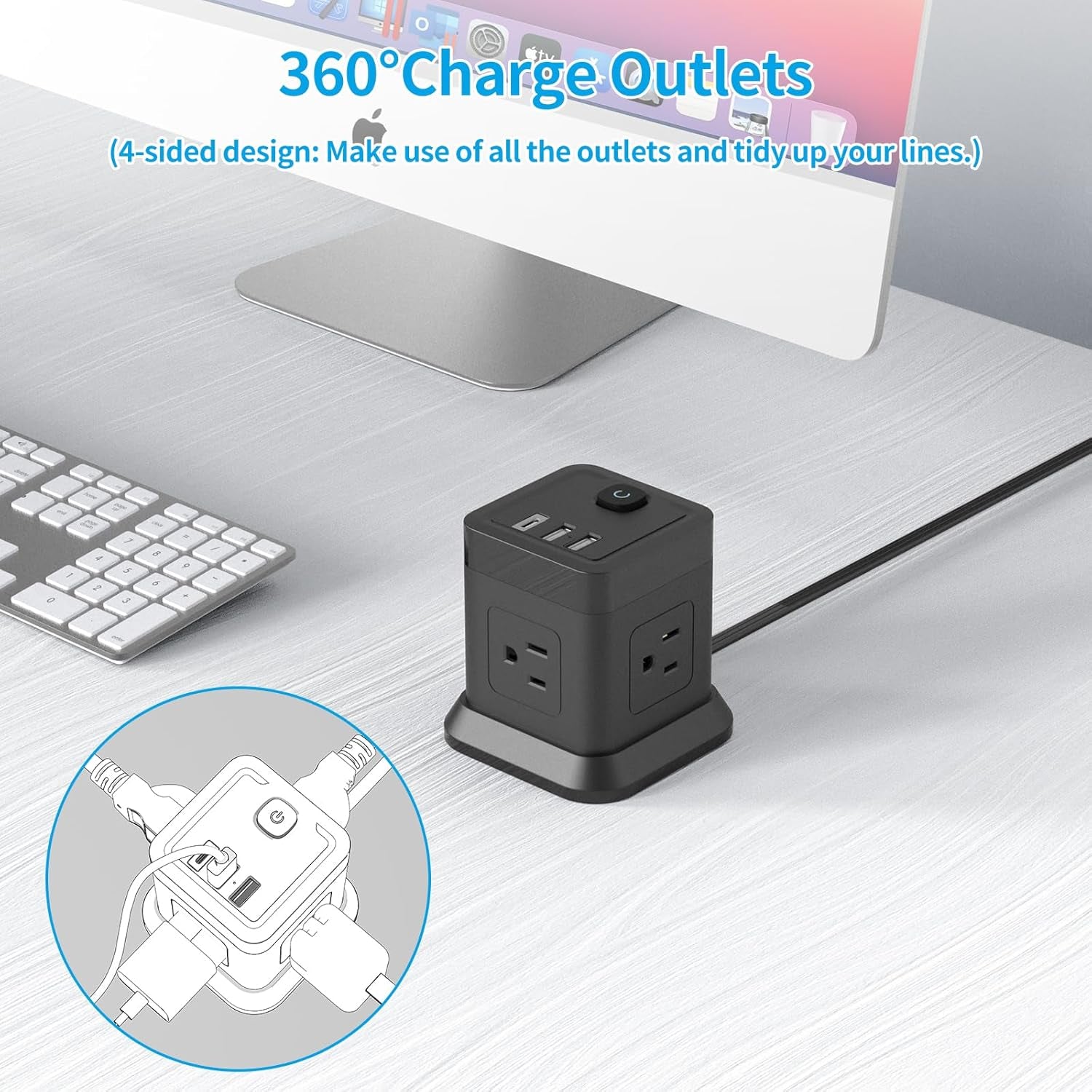 Power Strip with USB,  Flat Plug Extension Cord with 4 AC and 3 USB, 5 FT Power Cord Desktop Charging Station, Overload Protection, Compact Portable for Travel Home Office Cruise Ship - Black