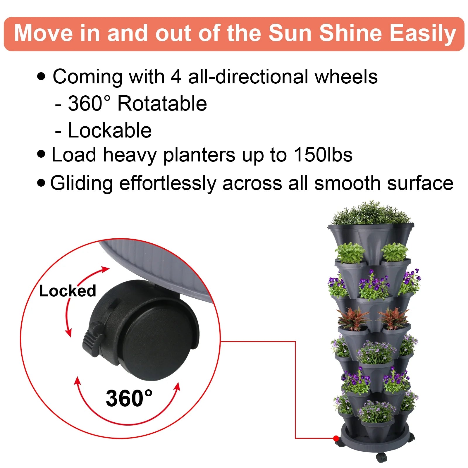 Stackable Planter with Wheels, Indoor Outdoor Pots - 7 Tier Vertical Garden Planter - Dark Gray,2 Set