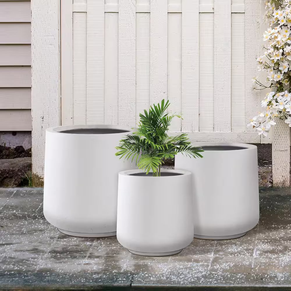 17.3", 13.4", and 10.6"H round Pure White Concrete Planter (Set of 3), Outdoor Indoor Planter Pots with Drainage Holes