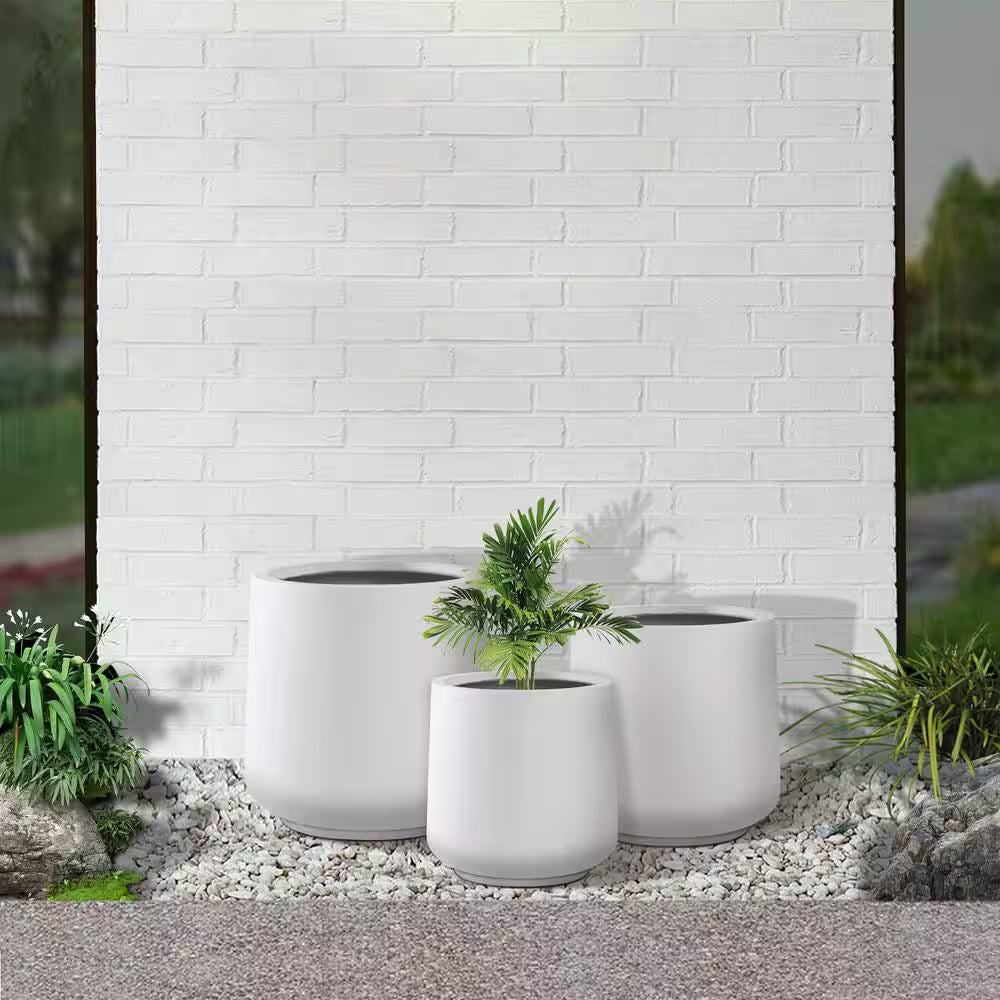 17.3", 13.4", and 10.6"H round Pure White Concrete Planter (Set of 3), Outdoor Indoor Planter Pots with Drainage Holes