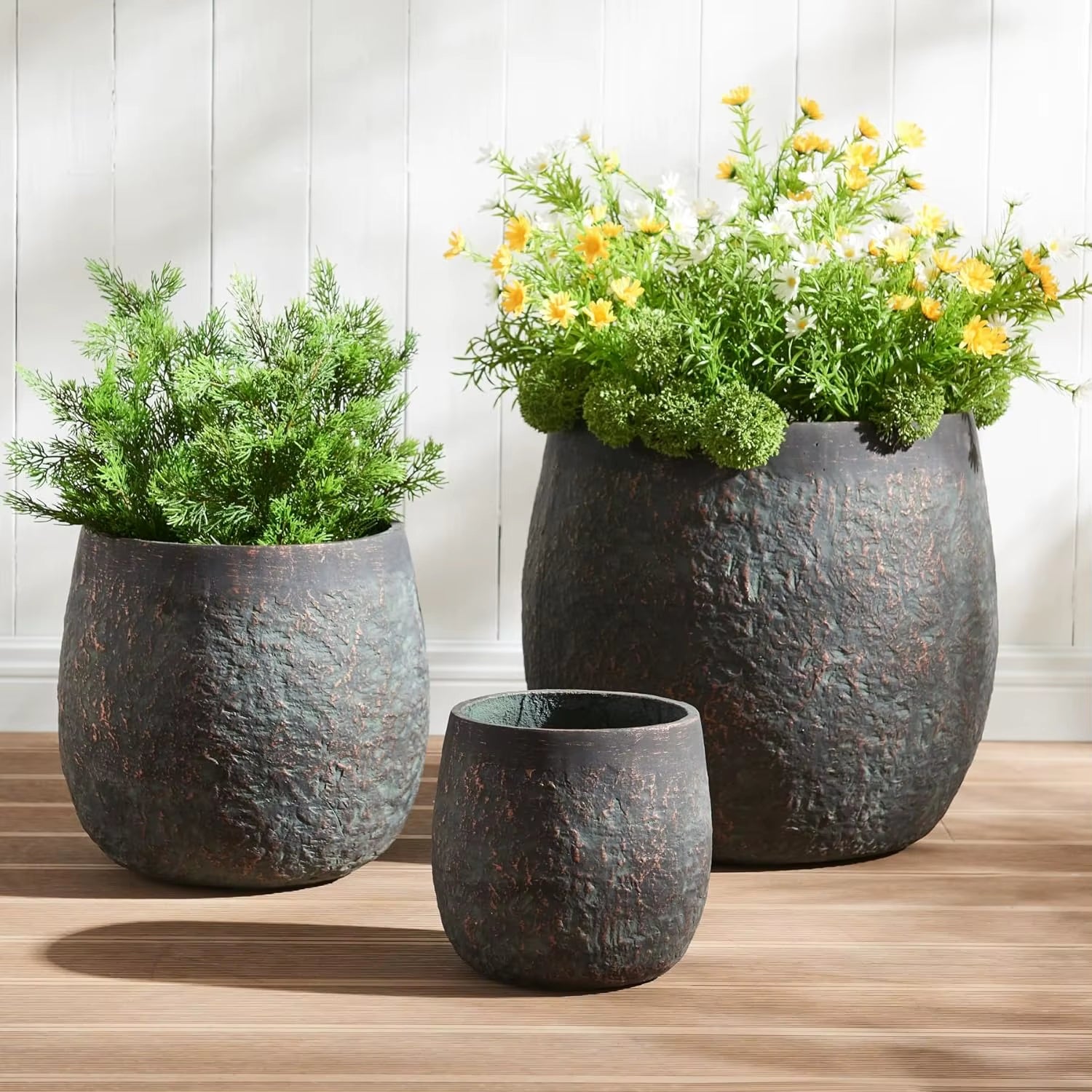 Dia round Concrete Planter Set of 3, Large Indoor Outdoor Planter, Flower Pots with Drainage Holes and Sealing