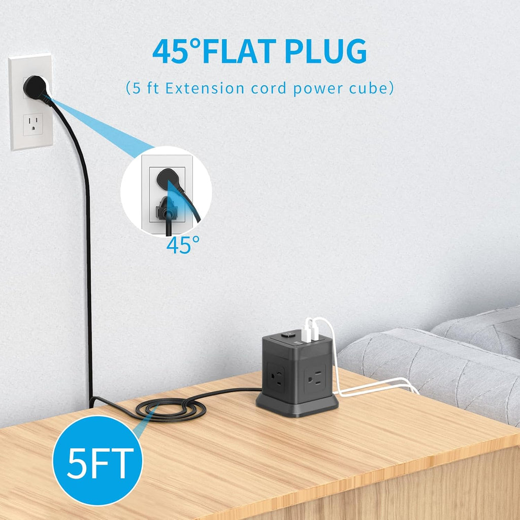 Power Strip with USB,  Flat Plug Extension Cord with 4 AC and 3 USB, 5 FT Power Cord Desktop Charging Station, Overload Protection, Compact Portable for Travel Home Office Cruise Ship - Black