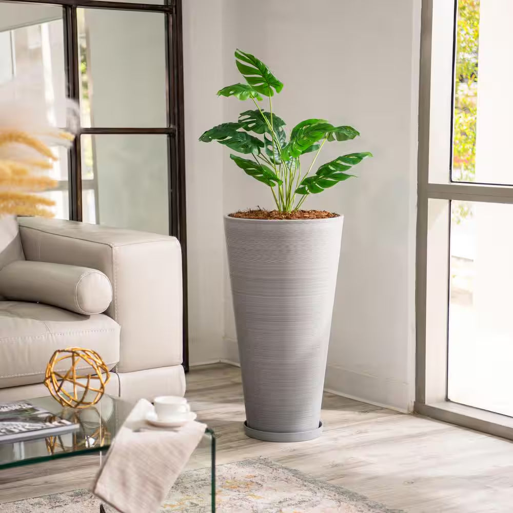 28-Inch Tall Modern round Planter, Tapered Floor Planter for Indoor & Outdoor, Patio Decor, Set of 2, Gray