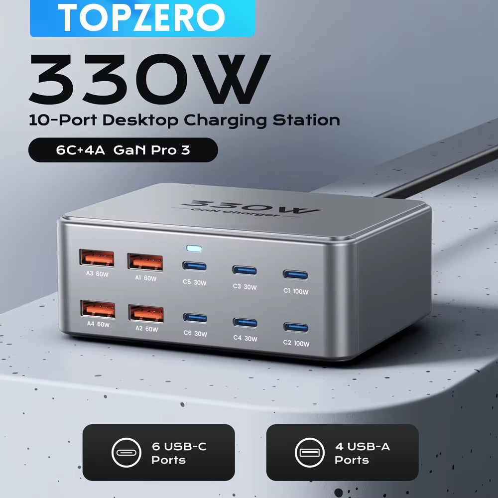 330W USB C Gan Charger 100W PD3.0 PPS QC3.0 Multiport Fast Charging Station for Laptop Iphone 15 16 Samsung Macbook Pro Tablet