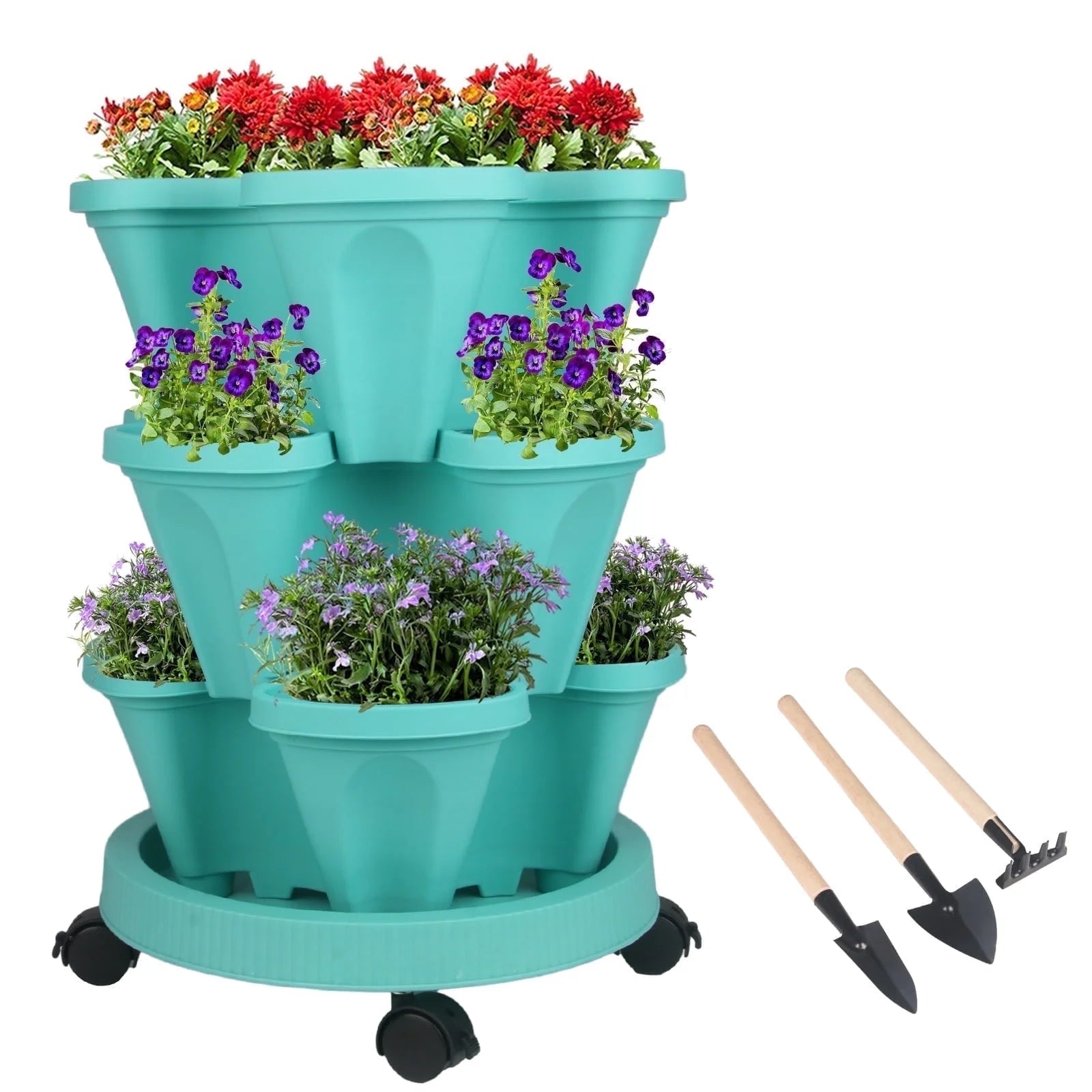 Stackable Planters 3 Tier Vertical Planters Strawberry, Herb, Flower, Vegetable Planter Indoor Outdoor Gardening Pots with Wheels and Tools-Teal