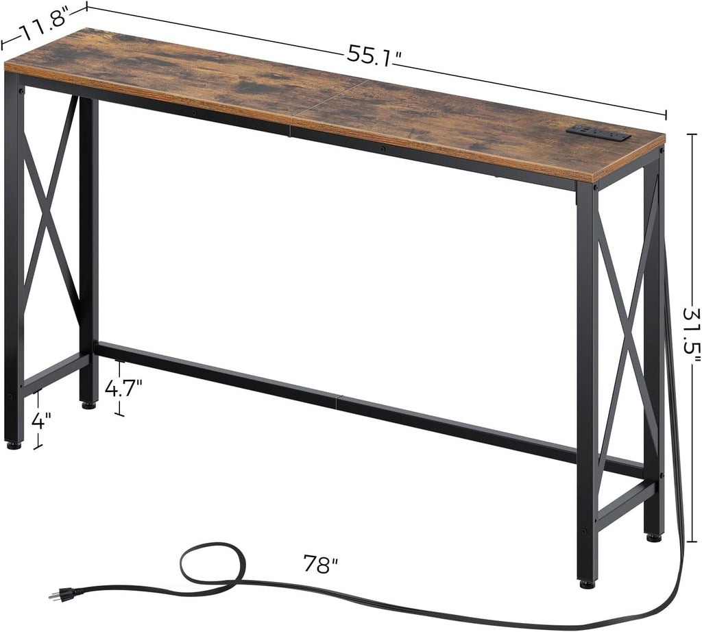Console Table with Power Outlet, Narrow Sofa Table, 55.1" X 11.8" Farmhouse Table behind Sofa Couch Hallway Entrance for Living Room, Entryway, Foyer, with Metal Frame, Rustic Brown