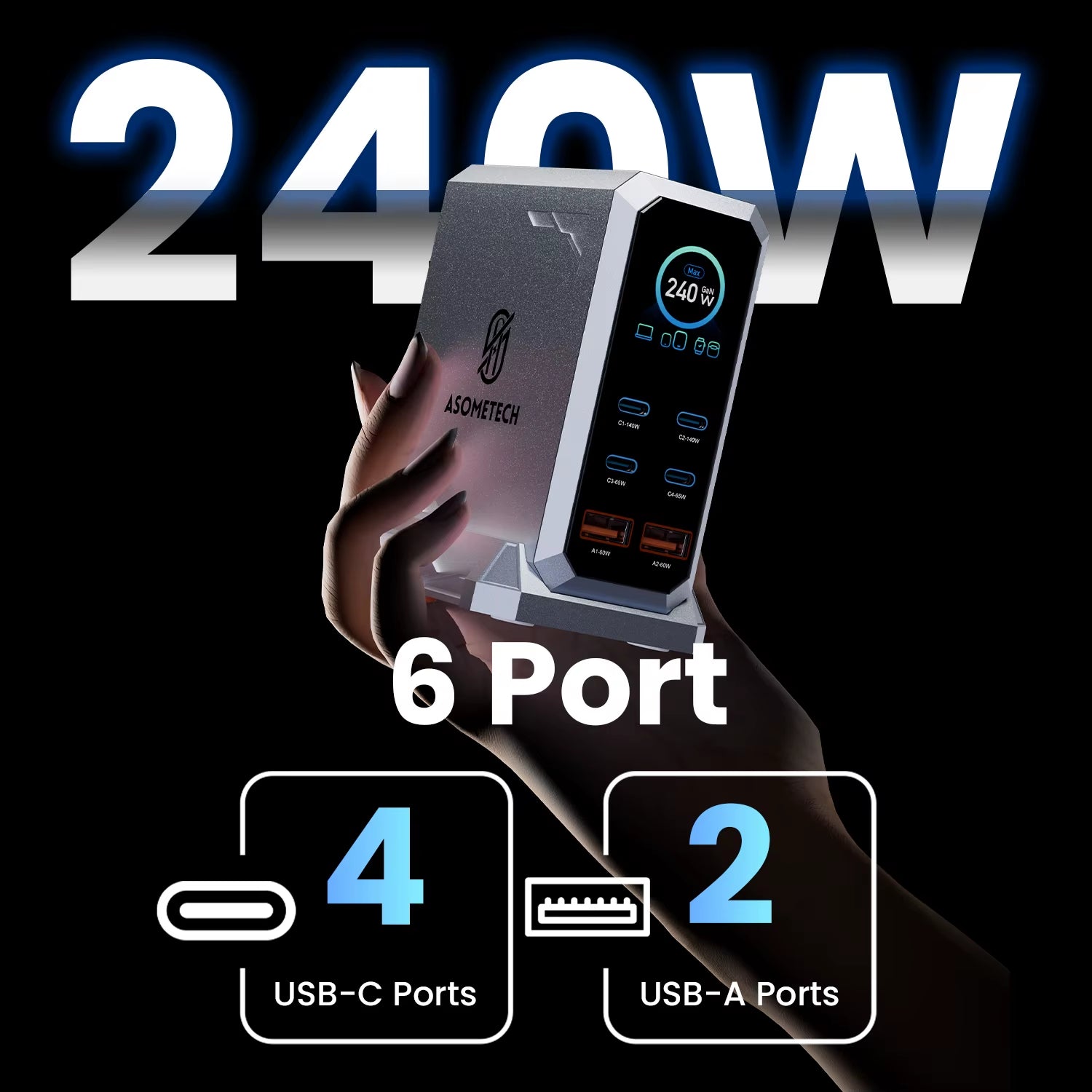 240W Gan Charger PD3.1 140W USB Type C 6 Ports PPS PD Desktop Fast Charging Station for Macbook Laptops Tablet Iphone Samsung