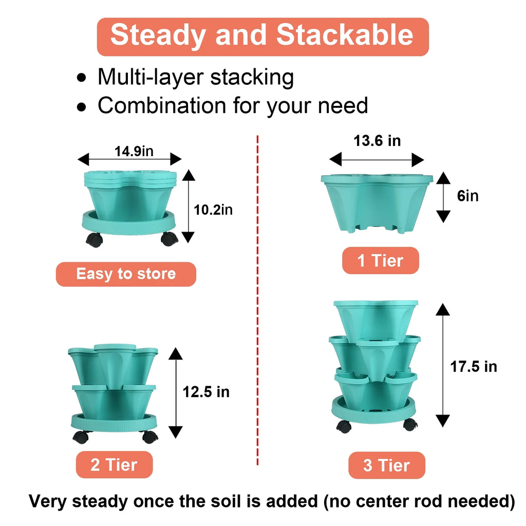 Stackable Planters 3 Tier Vertical Planters Strawberry, Herb, Flower, Vegetable Planter Indoor Outdoor Gardening Pots with Wheels and Tools-Teal