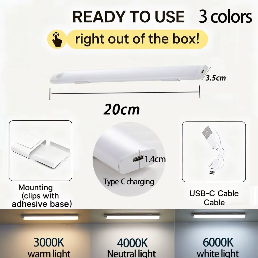 Cabinet Lights Wireless Motion Sensor LED Bar Light Rechargeable Magnetic for Kitchen Closet Night Light Indoor Lighting