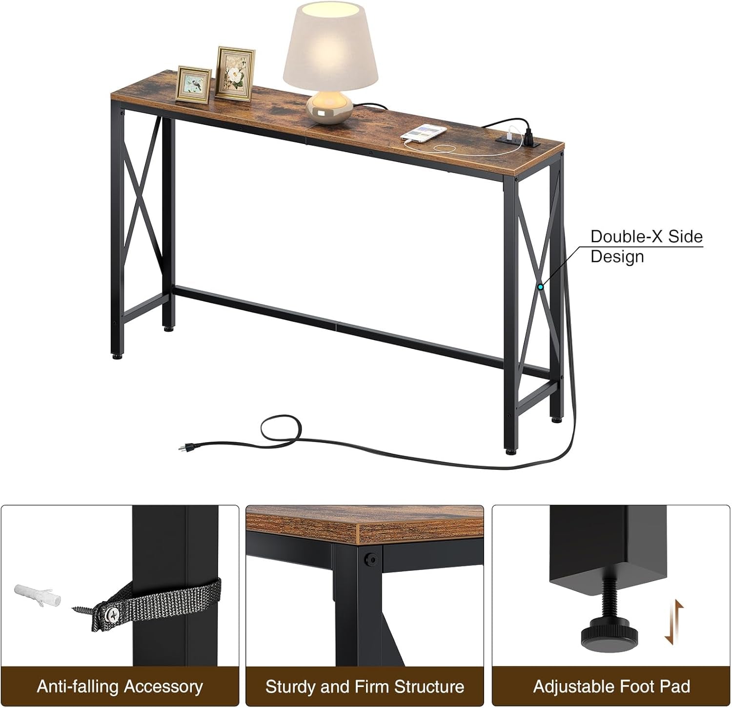 Console Table with Power Outlet, Narrow Sofa Table, 55.1" X 11.8" Farmhouse Table behind Sofa Couch Hallway Entrance for Living Room, Entryway, Foyer, with Metal Frame, Rustic Brown