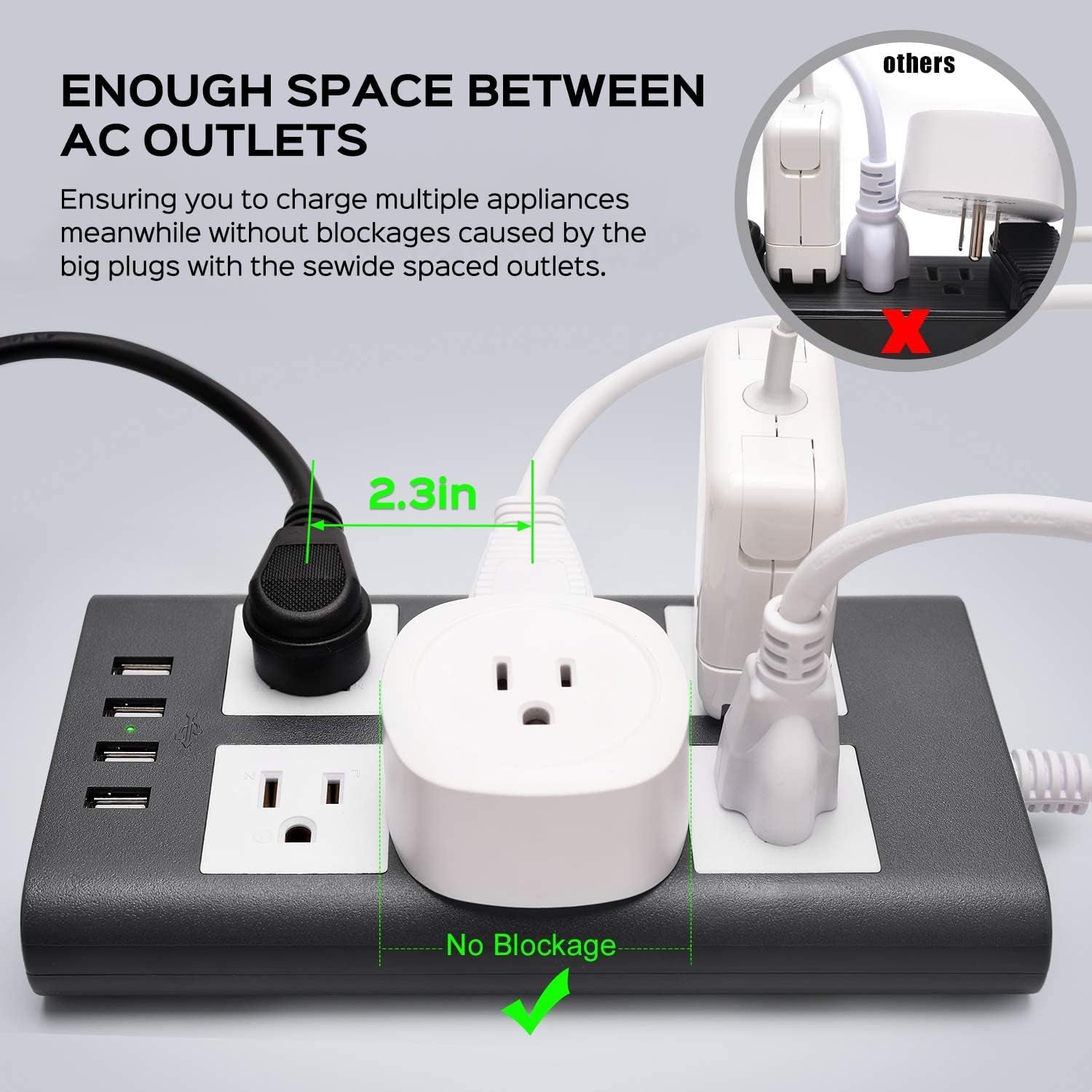 10 Ft 15A Power Strip, 6 Outlets 4 USB Ports Surge Protector with 14AWG Extension Cord, Angle Flat Plug Adjustable Voltage 110V-240V for Kitchen Office Home Gaming Room,Gray White