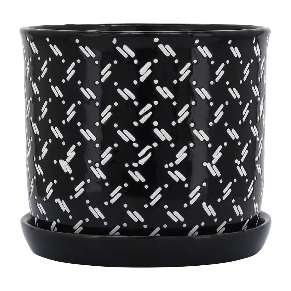 6 In. and 8 In. Black Ceramic Dots Saucer Decorative Pots (Set of 2)