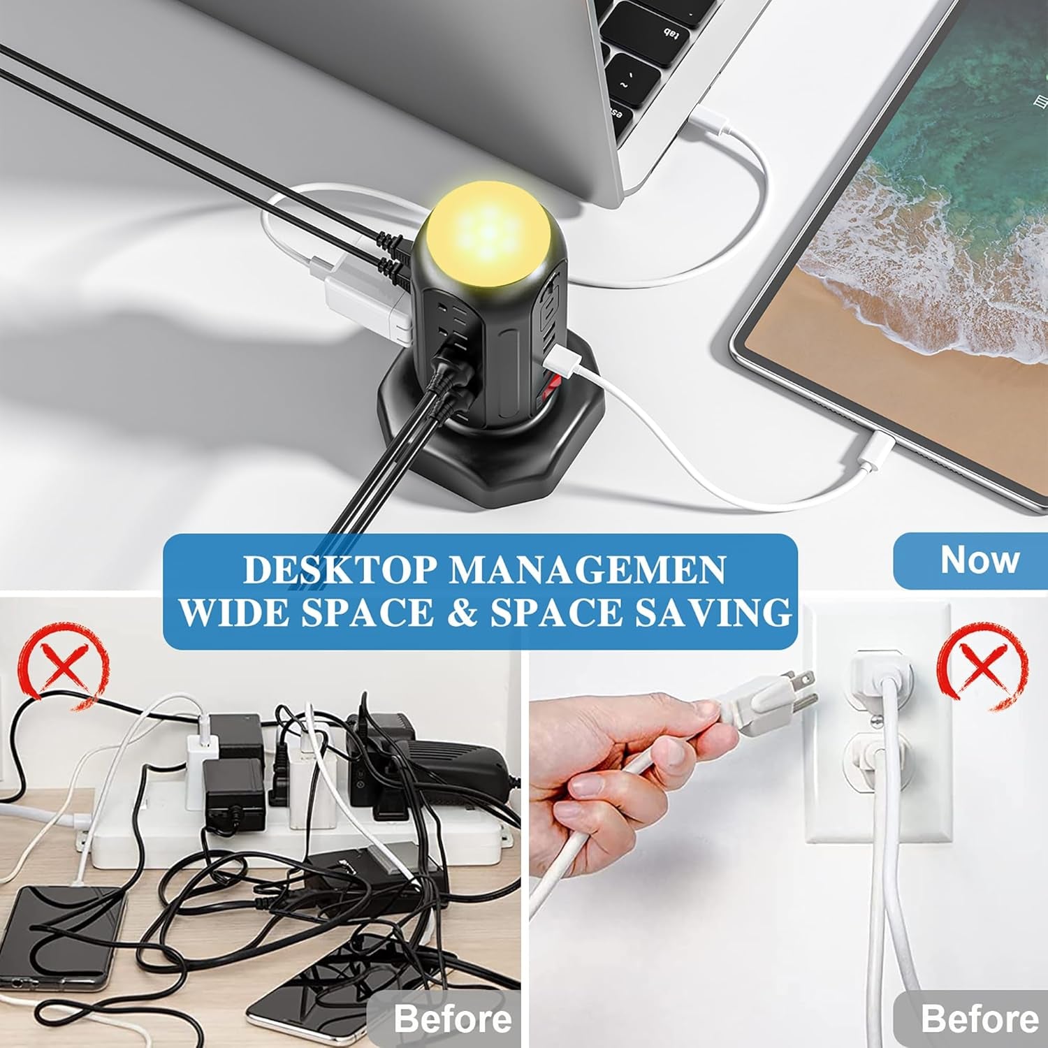 Power Strip Tower with Colorful Nightlight, 15 AC Outlets and 6 Fasting USB Ports, Retractable Extension Cord with Multiple Outlets, 900 J Surge Protector with Right Flat Plug (Black)