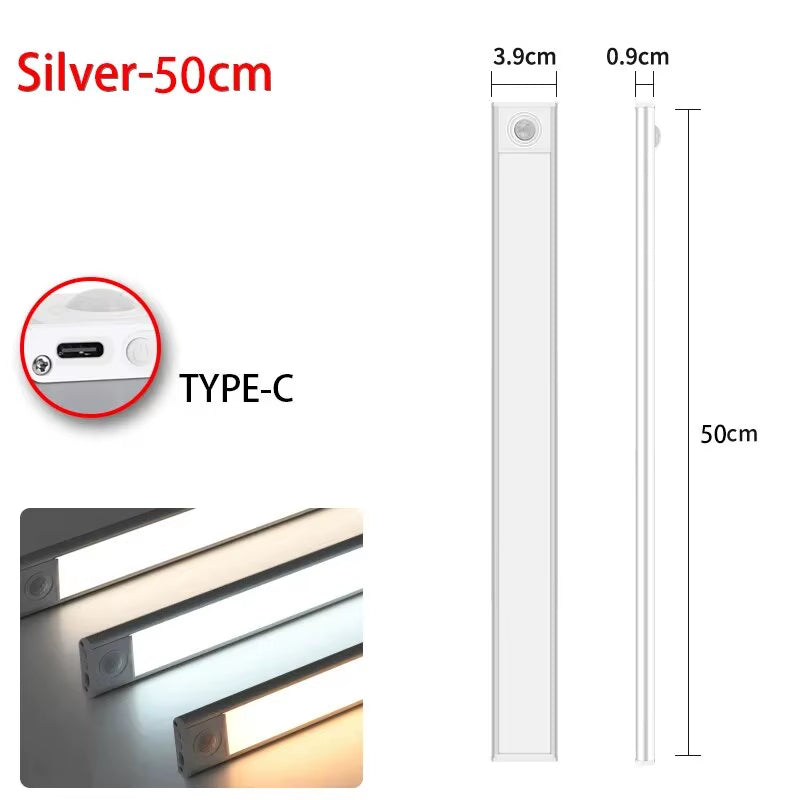 Night Light 20/30/40/50Cm Ultra Thin LED Light Cabinet Light Motion Sensor Wireless Type-C for Kitchen Bedroom Wardrobe Lighting