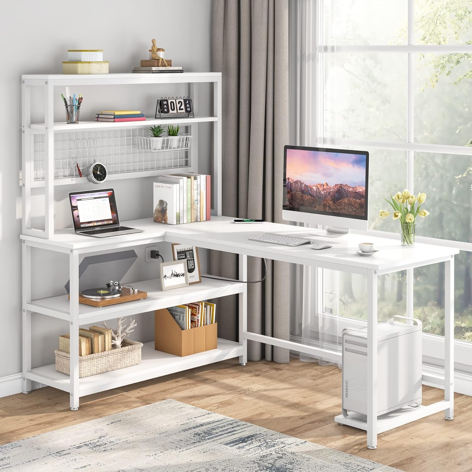 55" Large Computer Desk with Wireless Charging 5 Storage Shelves, Office Desk Study Table Writing Desk Workstation with Hutch Bookshelf for Home Office (All White)