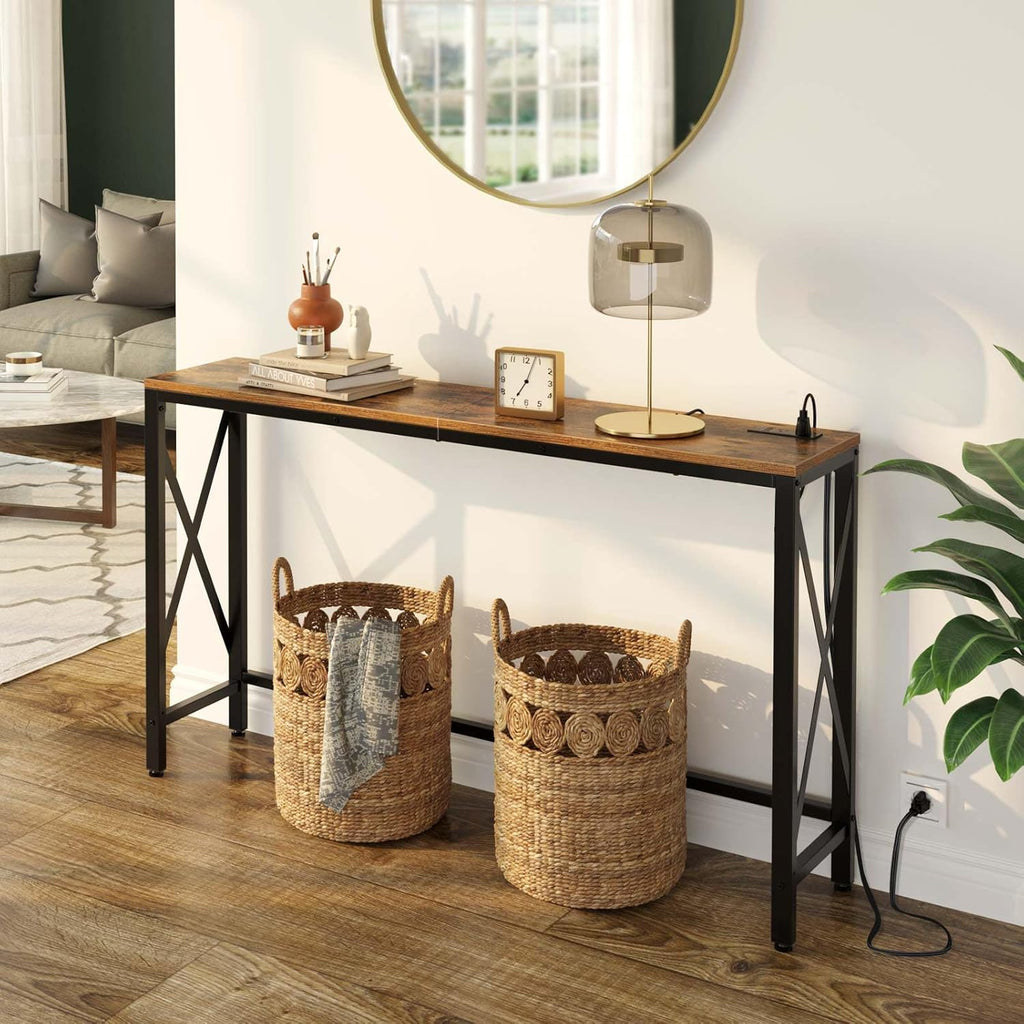 Console Table with Power Outlet, Narrow Sofa Table, 55.1" X 11.8" Farmhouse Table behind Sofa Couch Hallway Entrance for Living Room, Entryway, Foyer, with Metal Frame, Rustic Brown