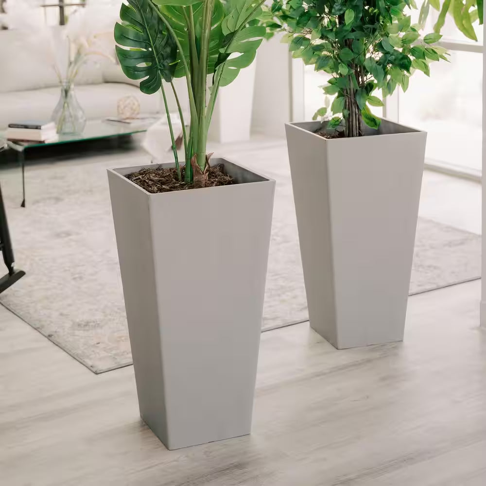Modern 28-Inch Square Planter, Modern Tapered Planter Perfect for Indoor & Outdoor Planter, Patio Decor, Set of 2, Gray