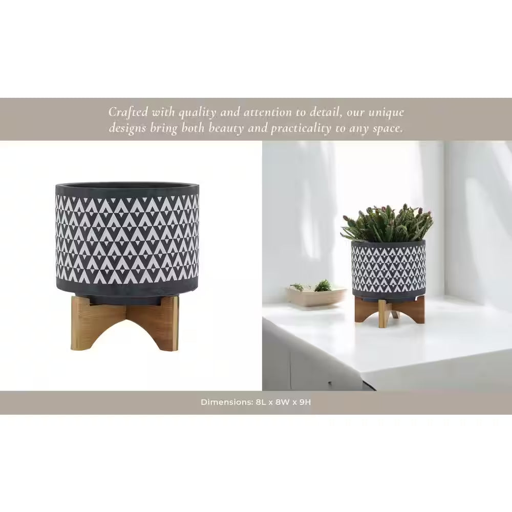 8 In. X 9 In. Gray/White Ceramic Aztec Planter on Wooden Stand
