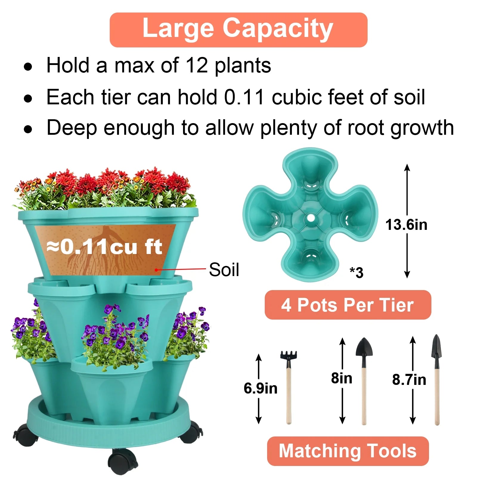 Stackable Planters 3 Tier Vertical Planters Strawberry, Herb, Flower, Vegetable Planter Indoor Outdoor Gardening Pots with Wheels and Tools-Teal