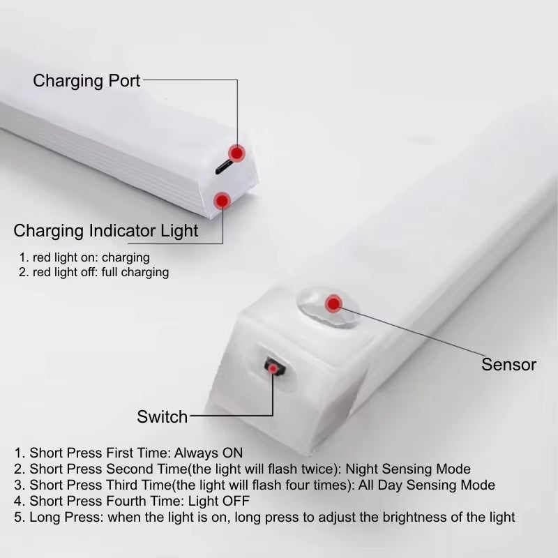 USB Rechargeable PIR Motion Sensor LED Bar Lights Dimmable Detector Night Light Portable Induction Cabinet Lamp for Kitchen Room