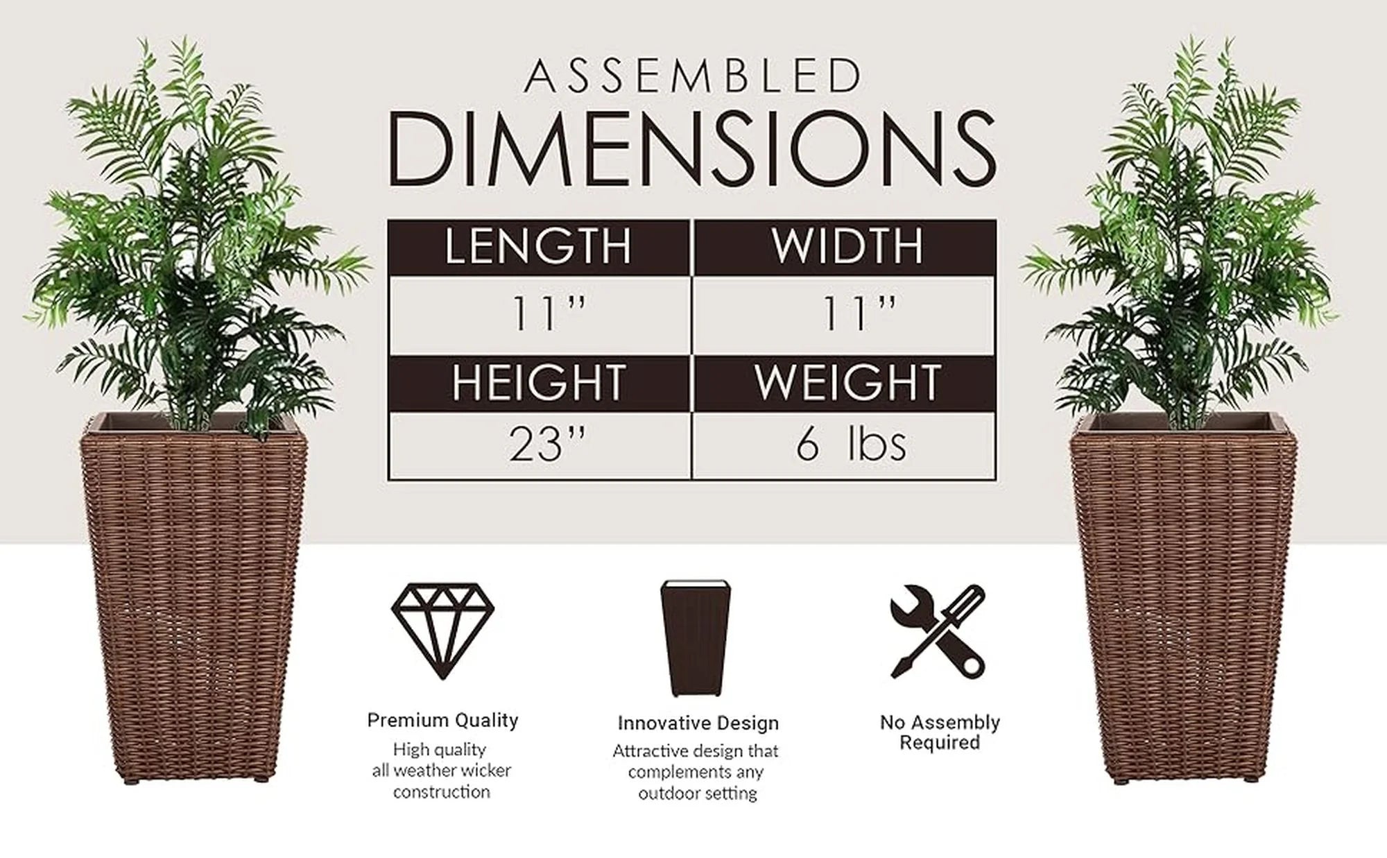 62501 Alto Wicker All-Weather Planter Set with Liners Tall Plant Decor Box for Outdoors Patio Herb Garden Furnishings - Mocha - Pack of 2
