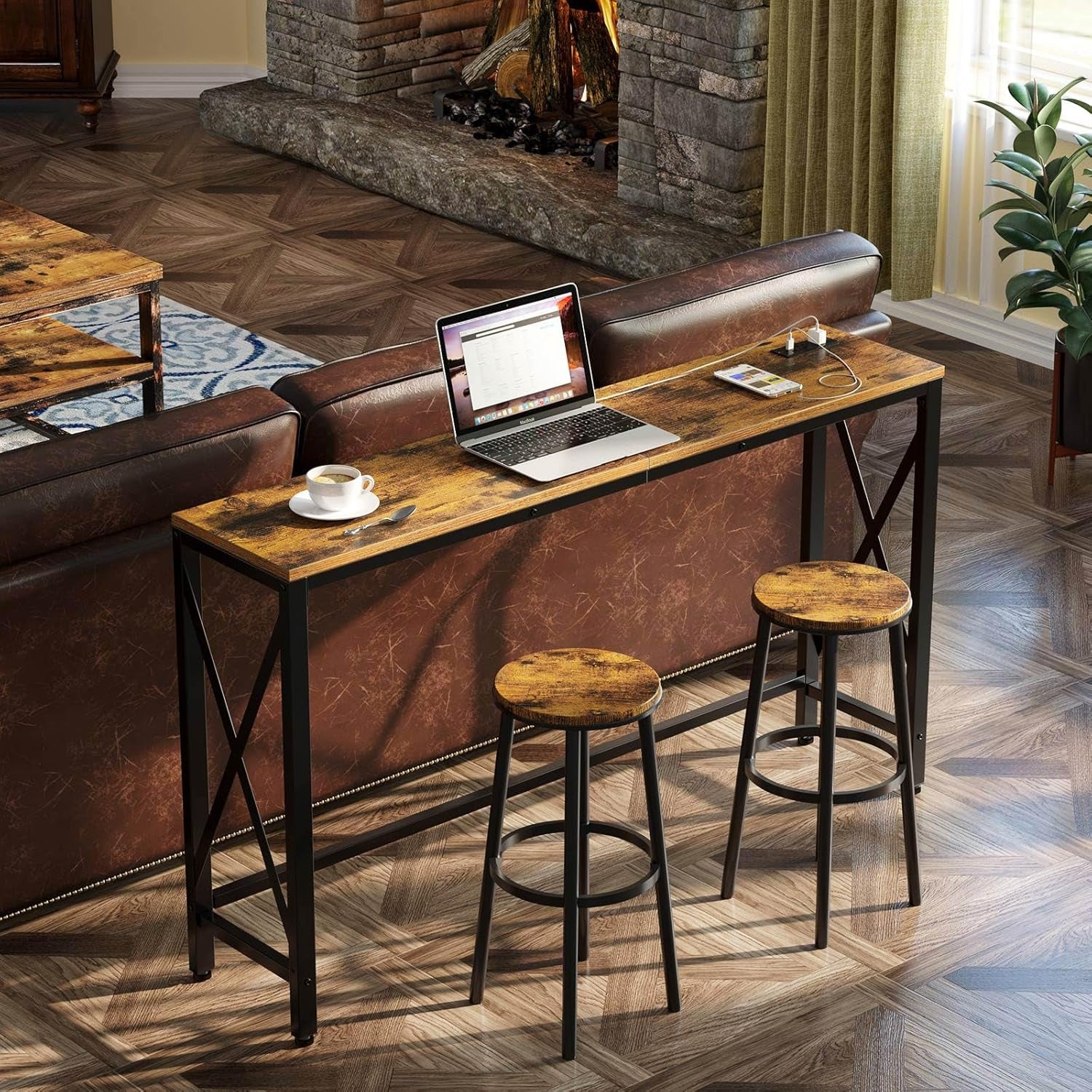 Console Table with Power Outlet, Narrow Sofa Table, 55.1" X 11.8" Farmhouse Table behind Sofa Couch Hallway Entrance for Living Room, Entryway, Foyer, with Metal Frame, Rustic Brown