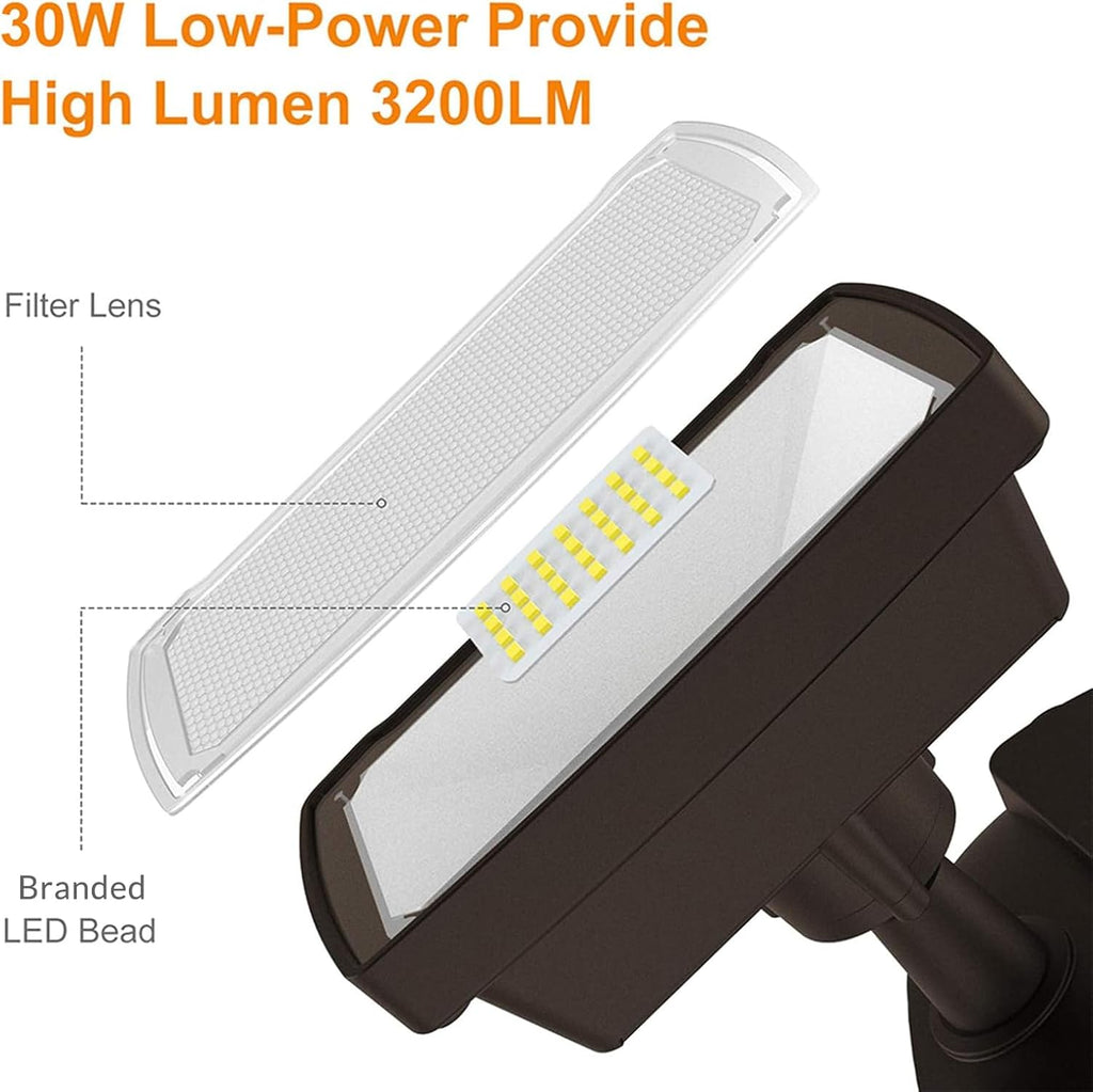 30W LED Security Lights Motion Sensor Light Outdoor, 3200LM Motion Security Light, 5500K, IP65 Waterproof, 2 Head Motion Detector Flood Light for Garage, Yard, Porch, Brown (NOT Solar Powered)