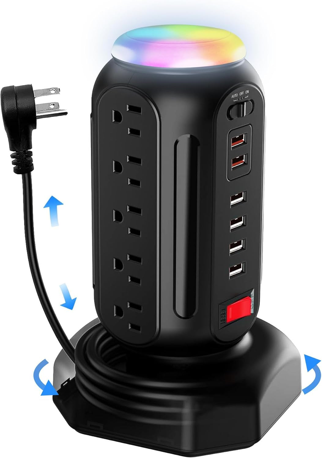 Power Strip Tower with Colorful Nightlight, 15 AC Outlets and 6 Fasting USB Ports, Retractable Extension Cord with Multiple Outlets, 900 J Surge Protector with Right Flat Plug (Black)