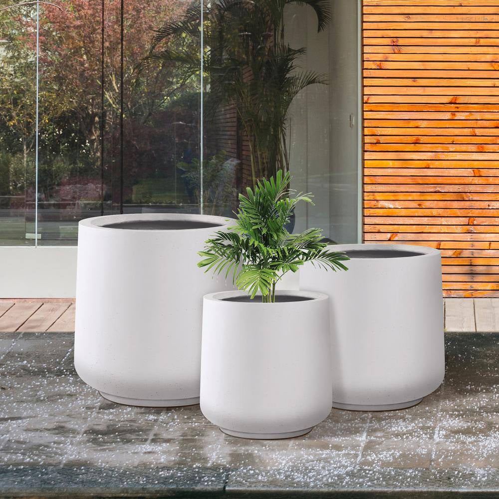 17.3", 13.4", and 10.6"H round Pure White Concrete Planter (Set of 3), Outdoor Indoor Planter Pots with Drainage Holes