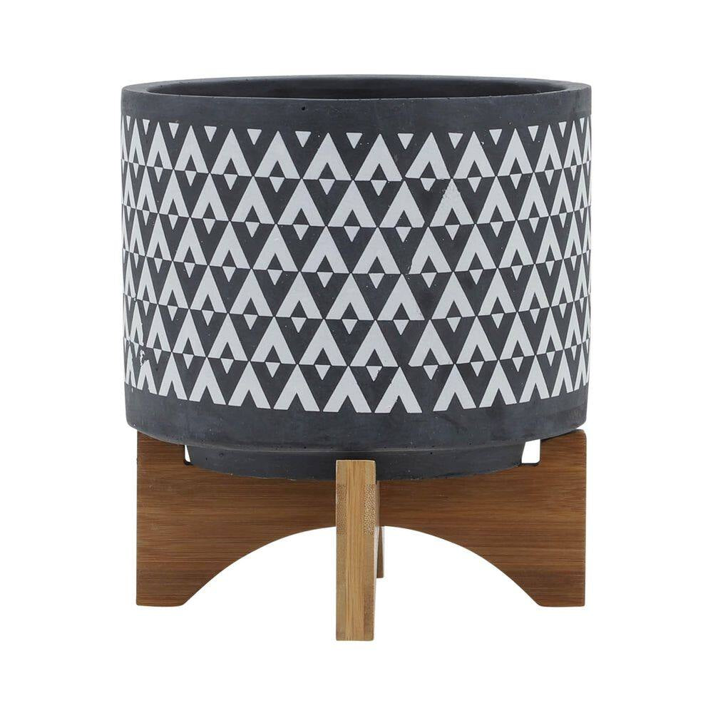 8 In. X 9 In. Gray/White Ceramic Aztec Planter on Wooden Stand